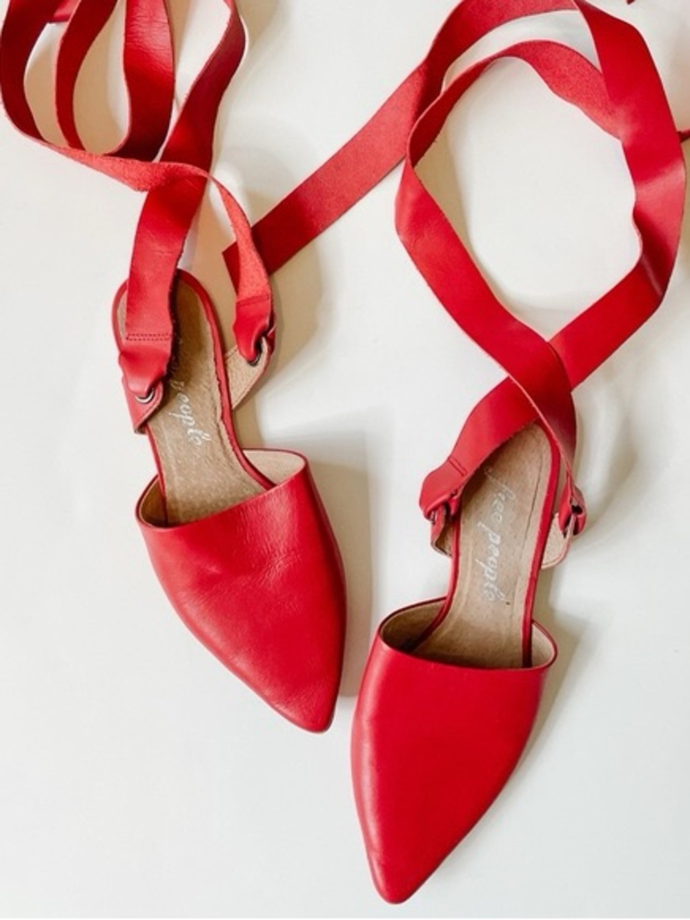 Free People Red Leather Lace Up Pointed Toe Flats Sz 36 or 5.5/6